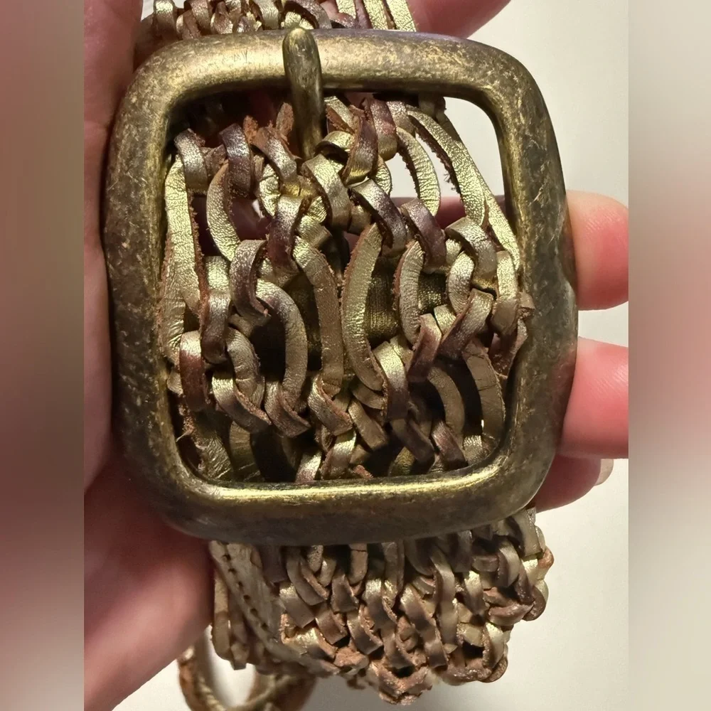 Fossil Gold Woven Genuine Leather Belt Size Small Beach Coastal Boho Festival
